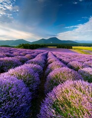 Obraz premium 夏の北海道の富良野に広がる一面のラベンダー畑。紫のラベンダーの花が一斉に咲き誇り、遠くの山々とのコントラストが美しい。風に揺れる花々と、爽やかな夏の空気が感じられる穏やかな風景