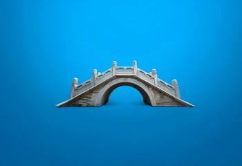 A stone arch bridge with ornate details stands isolated against a blue background.