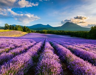 Naklejka premium 夏の北海道の富良野に広がる一面のラベンダー畑。紫のラベンダーの花が一斉に咲き誇り、遠くの山々とのコントラストが美しい。風に揺れる花々と、爽やかな夏の空気が感じられる穏やかな風景