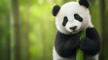 A cute panda bear holding a bamboo stalk in a lush green forest. The scene captures the playful nature and gentle demeanor of this adorable creature.
