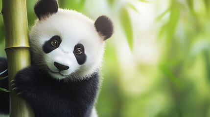Obraz premium A cute panda bear sitting among green bamboo, showcasing its playful nature and distinctive black and white markings in a serene environment.