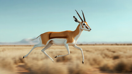 A graceful antelope running across a vast, golden savanna, showcasing its speed and agility in the wild. A stunning display of nature's elegance.