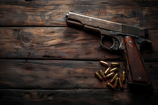 Pistol gun and scattered bullets on an old wooden table background with copy space.