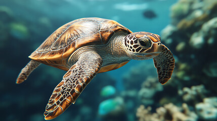 Fototapeta premium A graceful sea turtle gliding through clear ocean waters, surrounded by vibrant coral reefs, showcasing marine beauty and underwater life.
