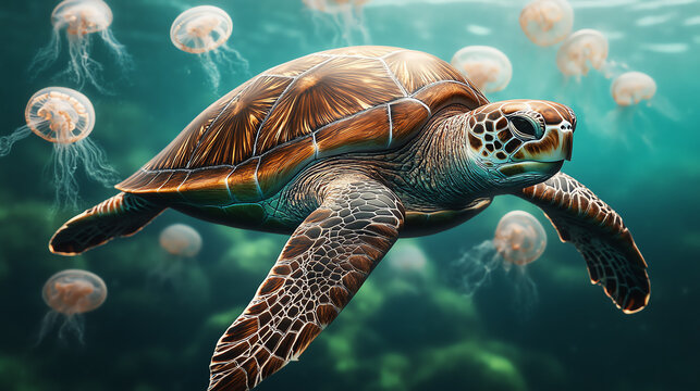 A graceful sea turtle swimming among jellyfish in a vibrant ocean environment, showcasing marine life and natural beauty.