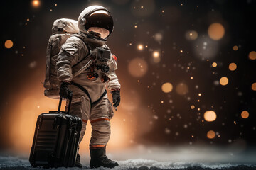 Astronaut in a spacesuit with a suitcase on a light background...