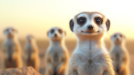 A group of meerkats standing upright in a desert landscape, showcasing their playful and curious nature against a warm sunset backdrop.