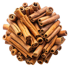 Cinnamon stick pile top view isolated on transparent background