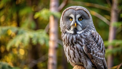 Fototapeta premium Close-up of Great Grey Owl perched and on the lookout for rodents on the ground