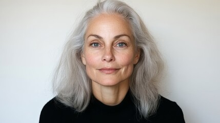 A woman leans slightly forward with an expressive, excited smile as her silver and gray hair cascades in soft waves against a white background, emphasizing her energy.