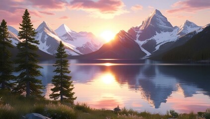 Majestic Mountain Sunrise Sunlight over snow-capped mountains