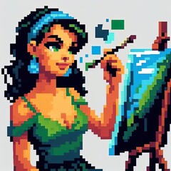 Pixel art illustration vintage concept retro woman painting artistic 
