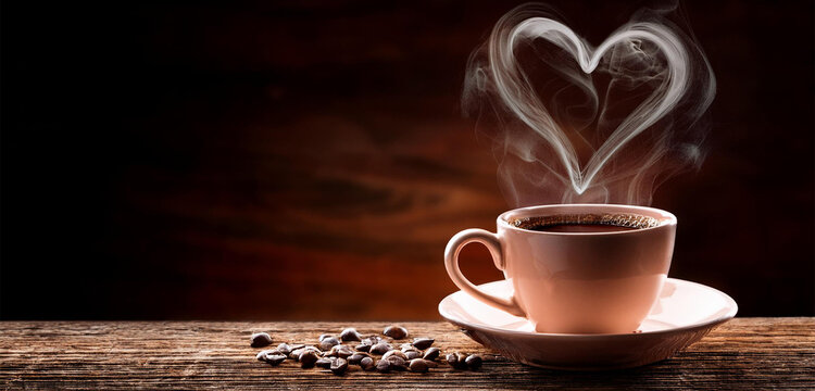 Filiżanka kawy z dymem w kształcie serca i ziarnami kawy