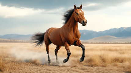 Obraz premium A majestic brown horse galloping through a golden field, creating a cloud of dust. The stunning landscape is backdrop to a serene sky.