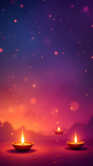 Three lit diyas on a pink surface with golden sparkles and a blurry background of a purple and pink gradient.