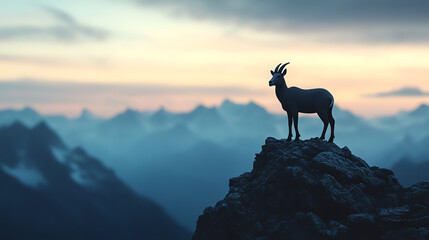 A majestic goat standing on a rocky peak, silhouetted against a stunning sunset backdrop. The scene captures the beauty of nature and wildlife.