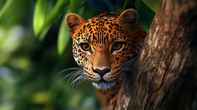 A majestic leopard peering through lush foliage, showcasing its stunning fur pattern and piercing gaze in a captivating natural setting.