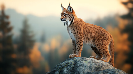 Fototapeta premium A majestic lynx perched on a rock, surrounded by a serene natural landscape, capturing the essence of wild beauty and wilderness.