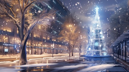 クリスマスの魔法に包まれた夜の街と輝くクリスマスツリー