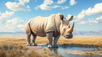 Fototapeta premium A majestic rhinoceros stands by a tranquil watering hole in a vast savanna, showcasing its powerful physique and unique horn against a vibrant sky.