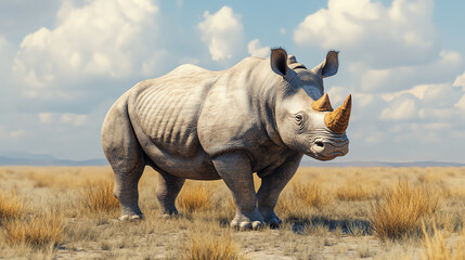 Obraz premium A majestic rhinoceros stands proudly in a vast, open savannah, showcasing its robust form against a backdrop of blue skies and soft clouds.