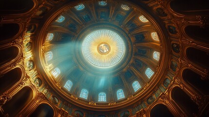 A stunning view of a grand dome illuminated by sunlight, showcasing intricate designs.
