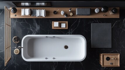 Top view of a modern bathroom with a freestanding bathtub, black marble floor, wooden shelves, and gray towels.
