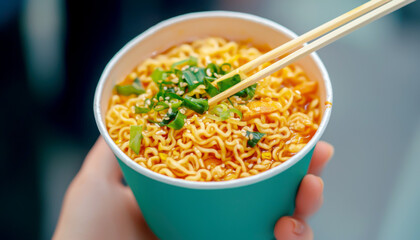 Delicious instant noodles served in a cup with fresh herbs and chopsticks.