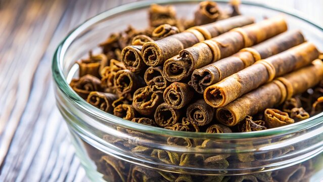 Close-up of Kudin Tea rolled into tubes in a glass bowl