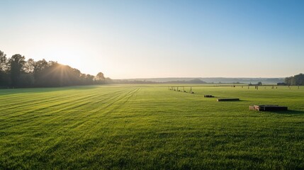 Obraz premium A serene outdoor archery practice field with a well-maintained surface and neatly arranged targets, surrounded by manicured fields and a clear sky, early morning light enhancing the tranquil setting