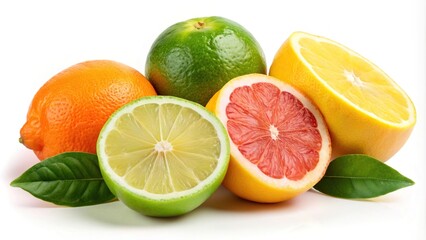 Close-up of lime, lemon, orange, and grapefruit fruits isolated on white background