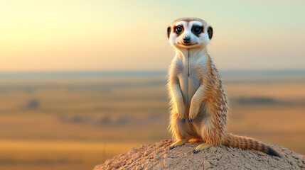 A playful meerkat standing confidently on a rock, set against a beautiful sunset in the savannah, showcasing its curious nature.