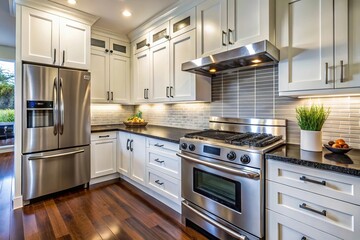 Close-up of modern kitchen with white cabinets, black countertop, stainless steel oven