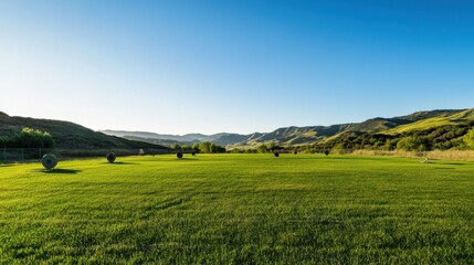 Obraz premium A serene outdoor archery range with well-maintained targets and a backdrop of rolling green hills, surrounded by a bright blue sky and early morning light, Minimalist style