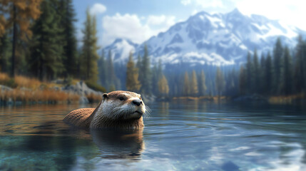 Fototapeta premium A serene otter swimming in clear water, surrounded by stunning mountain scenery and autumn foliage, showcasing the beauty of nature.