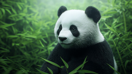 A serene panda resting among lush bamboo greenery, showcasing its distinct black and white fur in a tranquil natural habitat.