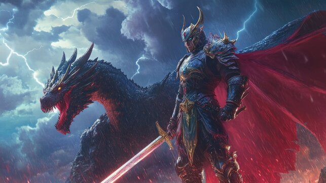 Fototapeta A brave knight in shining armor stands defiantly against a fearsome dragon in a dramatic scene of epic fantasy.