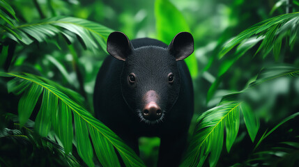 Fototapeta premium A solitary black animal emerging from lush green foliage, showcasing a unique blend of color and textures in a vibrant natural habitat.