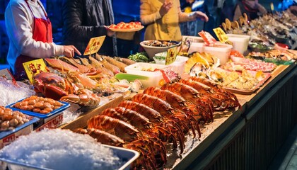 海道の朝市で、新鮮なカニやホタテ、イクラが並ぶ市場の活気ある光景。地元の人々が魚介類を選び、観光客も一緒に美味しい海の幸を楽しむ姿が見られる