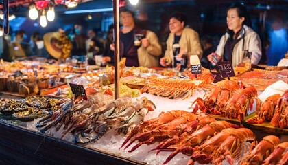 海道の朝市で、新鮮なカニやホタテ、イクラが並ぶ市場の活気ある光景。地元の人々が魚介類を選び、観光客も一緒に美味しい海の幸を楽しむ姿が見られる