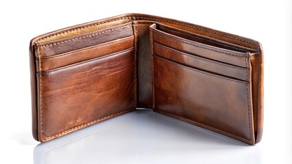 Close-up of open brown leather wallet on white surface