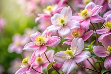 Closeup of pink Clematis Montana flowers in springtime