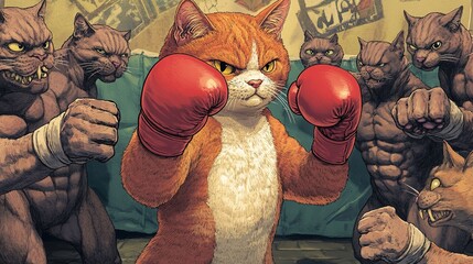 A playful scene featuring a red cat wearing boxing gloves, energetically practicing punches alongside a group of muscular cats. This whimsical image captures the spirit of camaraderie 