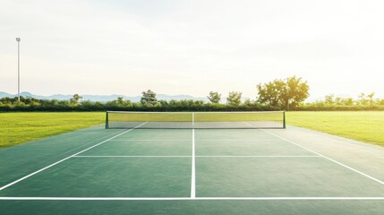 A serene outdoor badminton court with a well-maintained surface and neatly arranged net, surrounded by open fields and a bright sky, early afternoon light adding a tranquil touch