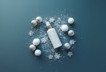 White bottle with silver lid surrounded by ornaments, snow, and snowflakes on a blue background.