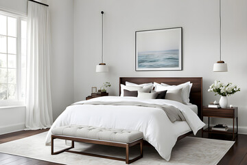 interior of bedroom with bed, white-toned house