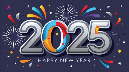 Happy New Year 2025 Shimmering Silver Text with Fireworks and Colorful Party Decorations Background Vector