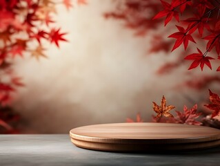 Elegant wooden circular stage positioned on a table with a backdrop of cascading red maple leaves against a warm toned studio setup