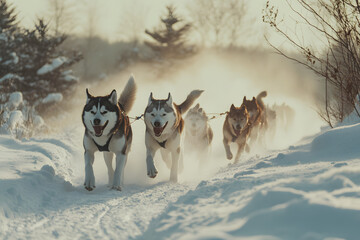 Naklejka premium Majestic Siberian Huskies Running Through a Serene Winter Wonderland