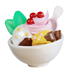 3d White bowl filled with chocolate , cherries, yellow, pink, green, ice cream  perfect for food blogs, dessert recipes, and menus.